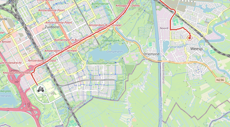 Kaart van de omgeving van de melding, met de kazerne die is gealarmeerd
