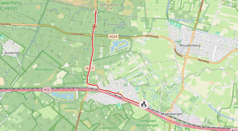 Kaart van de omgeving van de melding, met de kazerne die is gealarmeerd