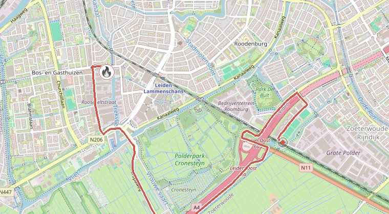 Kaart van de omgeving van de melding, met de kazerne die is gealarmeerd