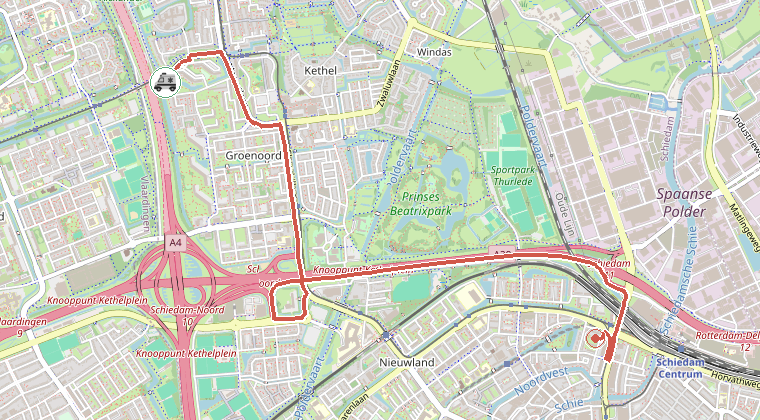 Kaart van de omgeving van de melding, met de kazerne die is gealarmeerd