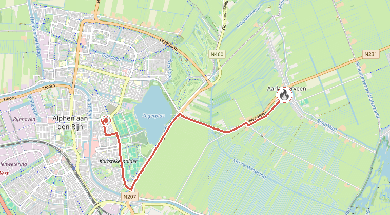 Kaart van de omgeving van de melding, met de kazerne die is gealarmeerd