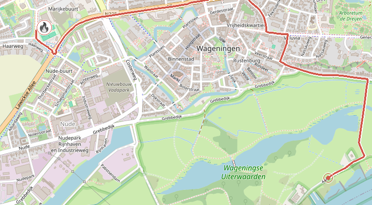 Kaart van de omgeving van de melding, met de kazerne die is gealarmeerd
