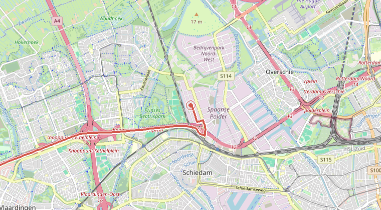Kaart van de omgeving van de melding, met de kazerne die is gealarmeerd
