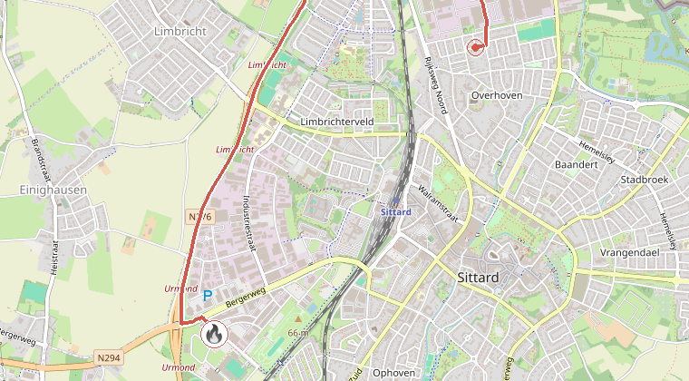 Kaart van de omgeving van de melding, met de kazerne die is gealarmeerd