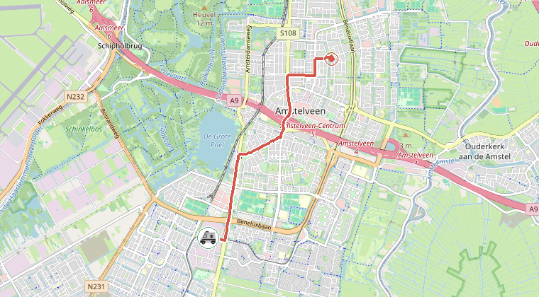 Kaart van de omgeving van de melding, met de kazerne die is gealarmeerd