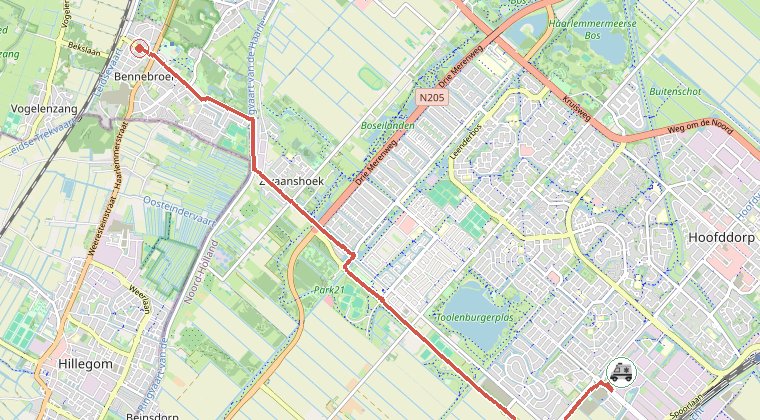 Kaart van de omgeving van de melding, met de kazerne die is gealarmeerd