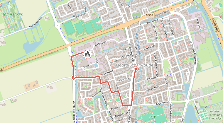 Kaart van de omgeving van de melding, met de kazerne die is gealarmeerd