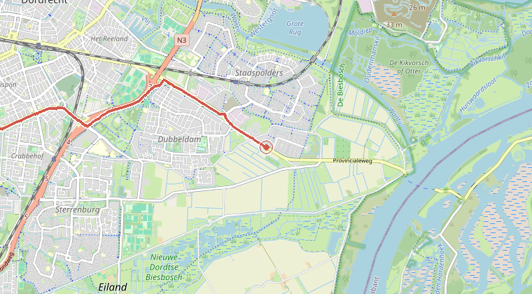 Kaart van de omgeving van de melding, met de kazerne die is gealarmeerd