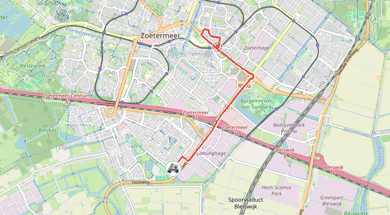 Kaart van de omgeving van de melding, met de kazerne die is gealarmeerd