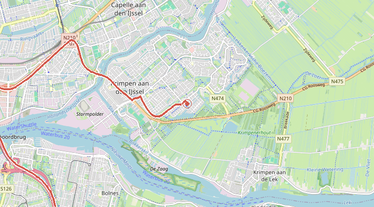 Kaart van de omgeving van de melding, met de kazerne die is gealarmeerd