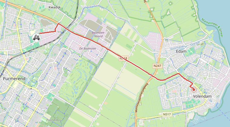 Kaart van de omgeving van de melding, met de kazerne die is gealarmeerd