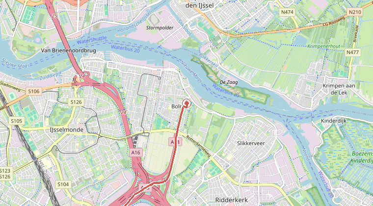 Kaart van de omgeving van de melding, met de kazerne die is gealarmeerd
