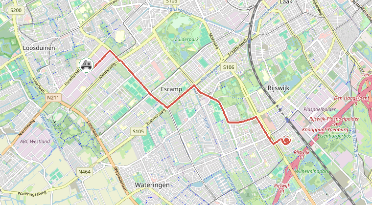 Kaart van de omgeving van de melding, met de kazerne die is gealarmeerd