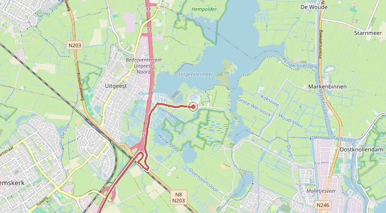 Kaart van de omgeving van de melding, met de kazerne die is gealarmeerd