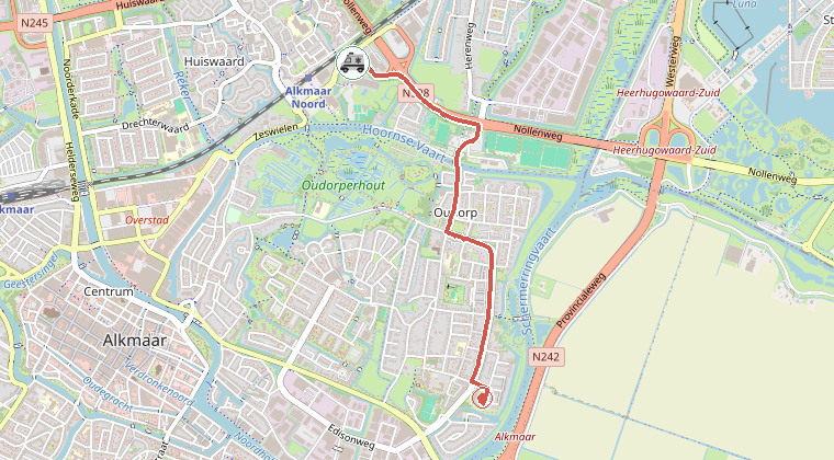 Kaart van de omgeving van de melding, met de kazerne die is gealarmeerd