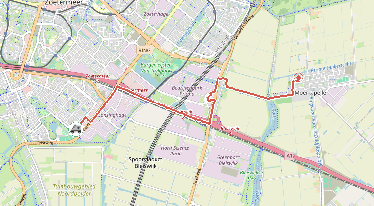 Kaart van de omgeving van de melding, met de kazerne die is gealarmeerd