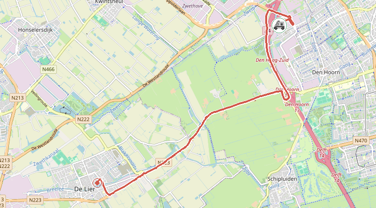 Kaart van de omgeving van de melding, met de kazerne die is gealarmeerd