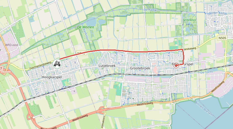 Kaart van de omgeving van de melding, met de kazerne die is gealarmeerd