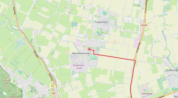 Kaart van de omgeving van de melding, met de kazerne die is gealarmeerd