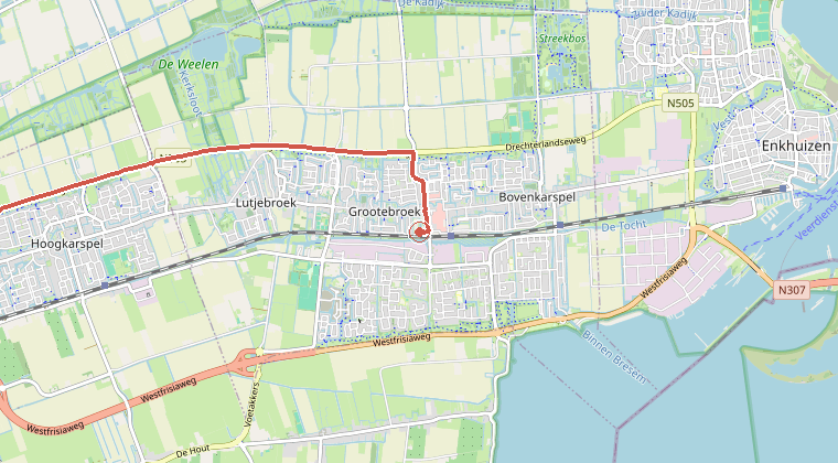 Kaart van de omgeving van de melding, met de kazerne die is gealarmeerd