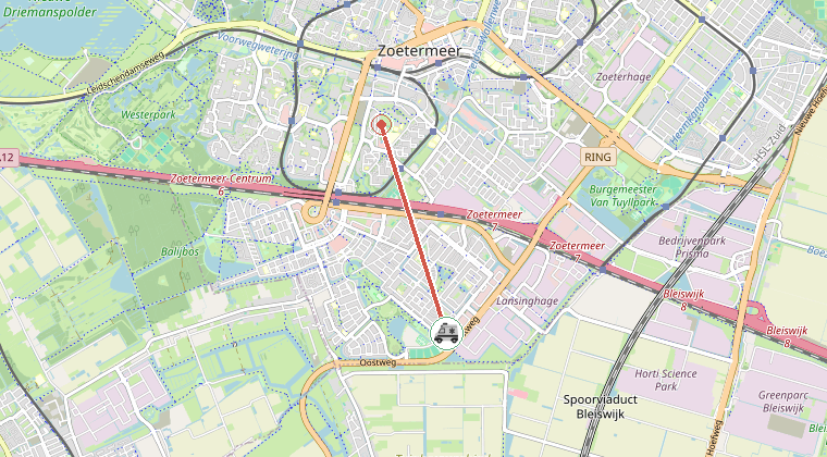 Kaart van de omgeving van de melding, met de kazerne die is gealarmeerd