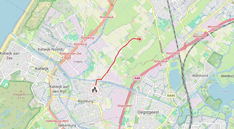 Kaart van de omgeving van de melding, met de kazerne die is gealarmeerd