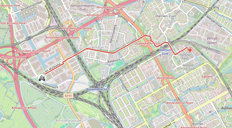 Kaart van de omgeving van de melding, met de kazerne die is gealarmeerd