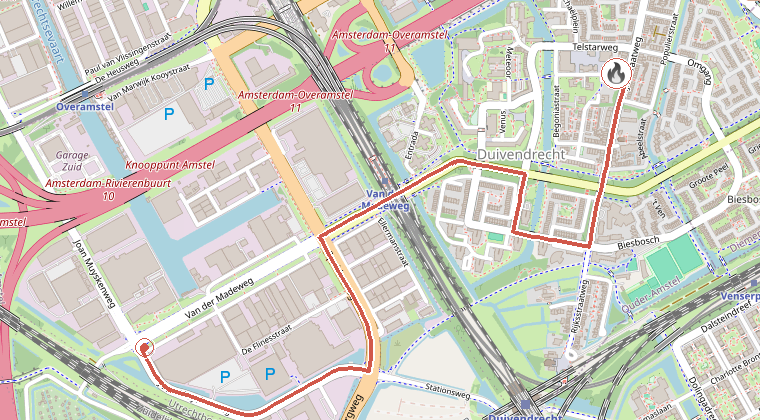 Kaart van de omgeving van de melding, met de kazerne die is gealarmeerd