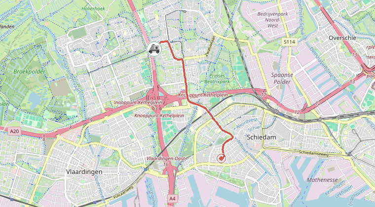 Kaart van de omgeving van de melding, met de kazerne die is gealarmeerd