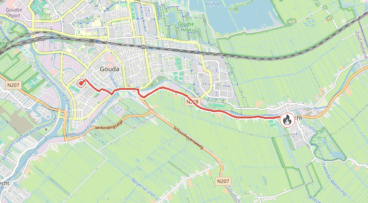 Kaart van de omgeving van de melding, met de kazerne die is gealarmeerd