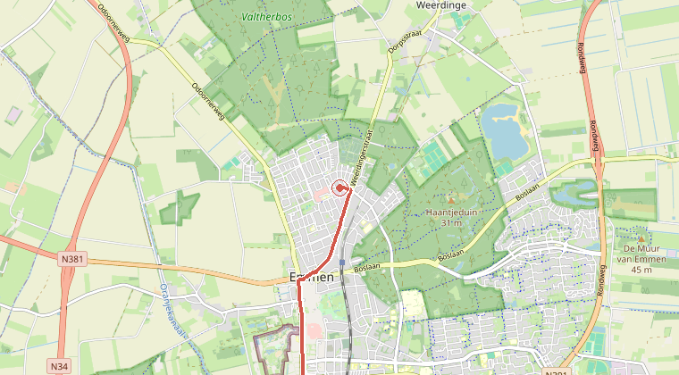 Kaart van de omgeving van de melding, met de kazerne die is gealarmeerd