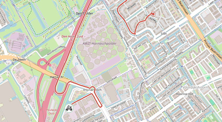 Kaart van de omgeving van de melding, met de kazerne die is gealarmeerd