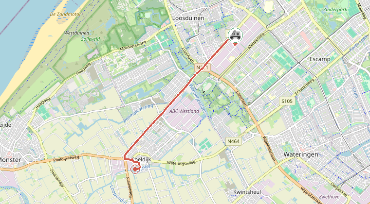 Kaart van de omgeving van de melding, met de kazerne die is gealarmeerd