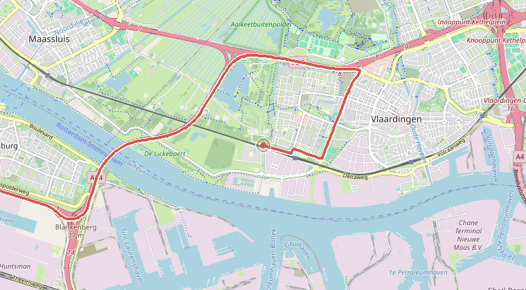 Kaart van de omgeving van de melding, met de kazerne die is gealarmeerd