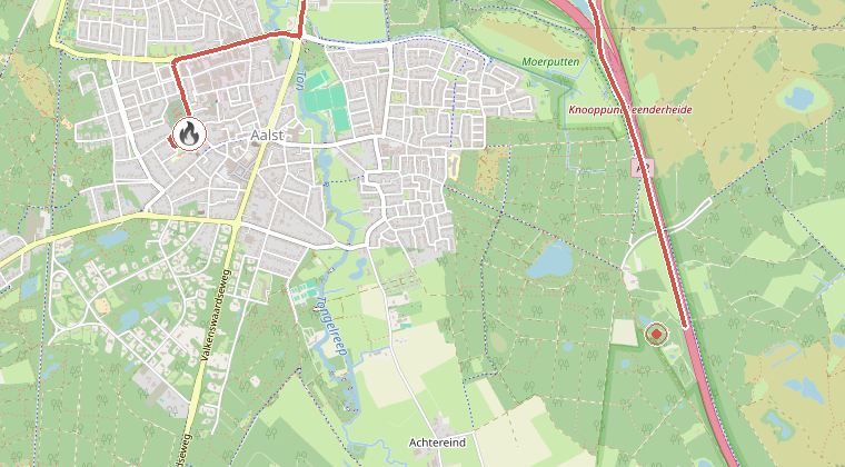 Kaart van de omgeving van de melding, met de kazerne die is gealarmeerd