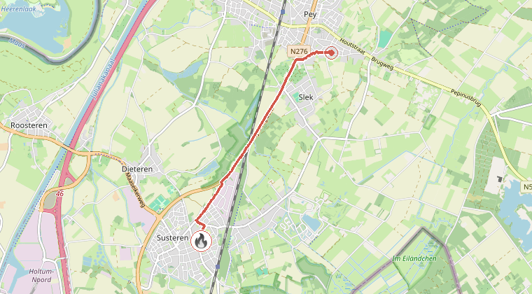 Kaart van de omgeving van de melding, met de kazerne die is gealarmeerd