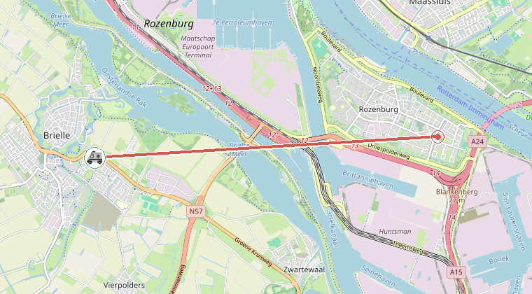 Kaart van de omgeving van de melding, met de kazerne die is gealarmeerd
