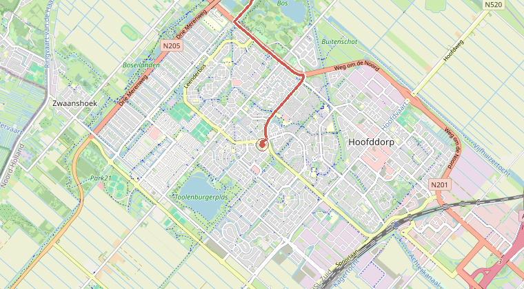 Kaart van de omgeving van de melding, met de kazerne die is gealarmeerd