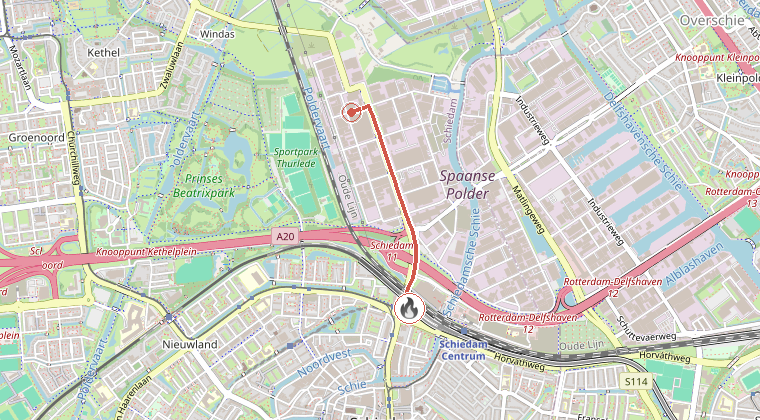 Kaart van de omgeving van de melding, met de kazerne die is gealarmeerd