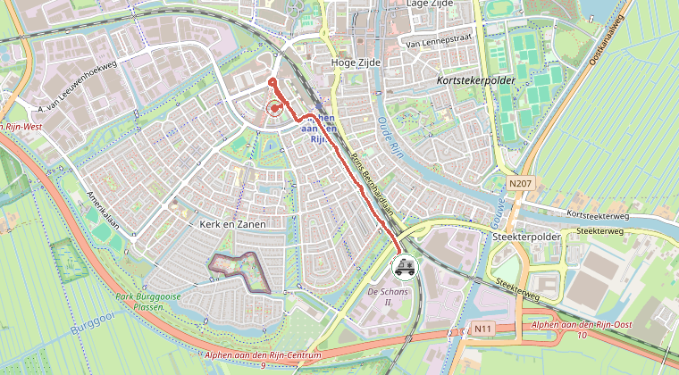 Kaart van de omgeving van de melding, met de kazerne die is gealarmeerd