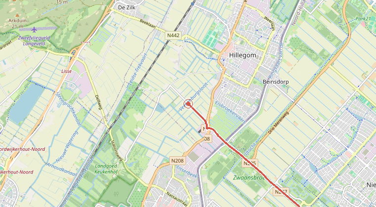 Kaart van de omgeving van de melding, met de kazerne die is gealarmeerd