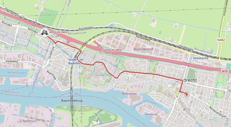 Kaart van de omgeving van de melding, met de kazerne die is gealarmeerd