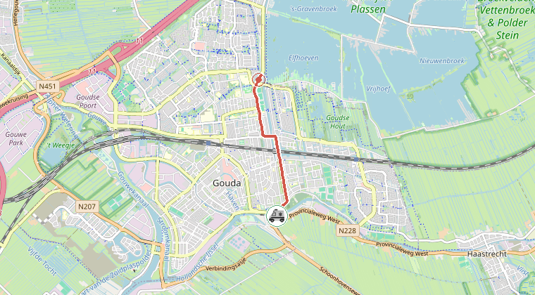 Kaart van de omgeving van de melding, met de kazerne die is gealarmeerd