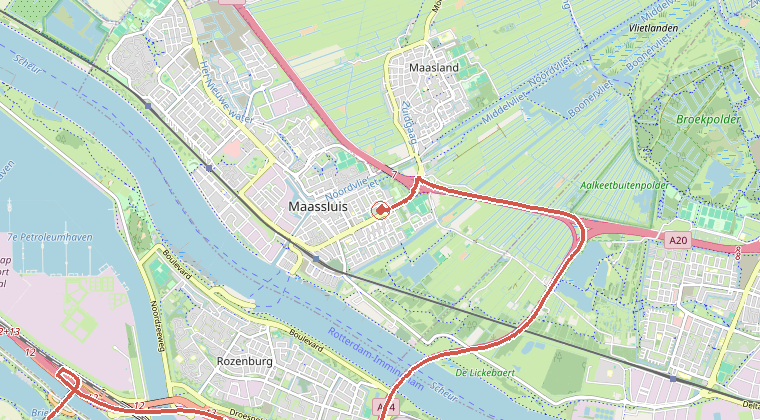 Kaart van de omgeving van de melding, met de kazerne die is gealarmeerd
