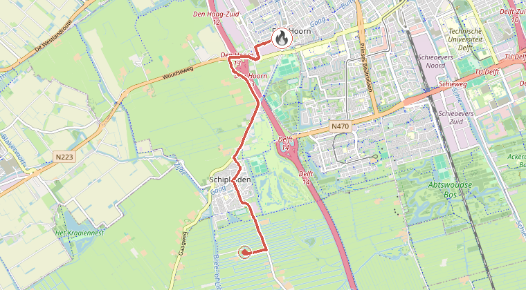 Kaart van de omgeving van de melding, met de kazerne die is gealarmeerd