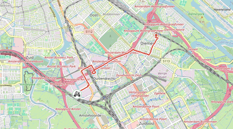 Kaart van de omgeving van de melding, met de kazerne die is gealarmeerd