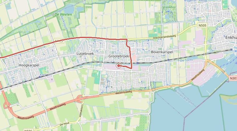 Kaart van de omgeving van de melding, met de kazerne die is gealarmeerd