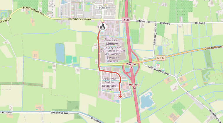 Kaart van de omgeving van de melding, met de kazerne die is gealarmeerd