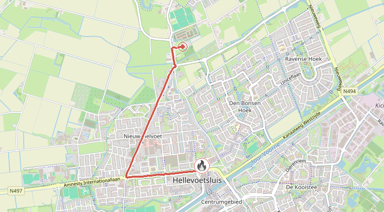 Kaart van de omgeving van de melding, met de kazerne die is gealarmeerd