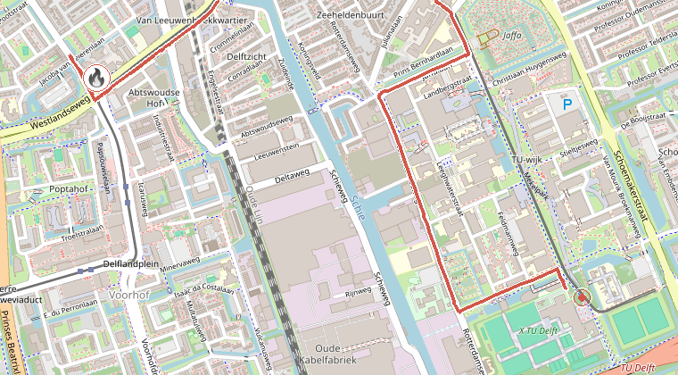 Kaart van de omgeving van de melding, met de kazerne die is gealarmeerd
